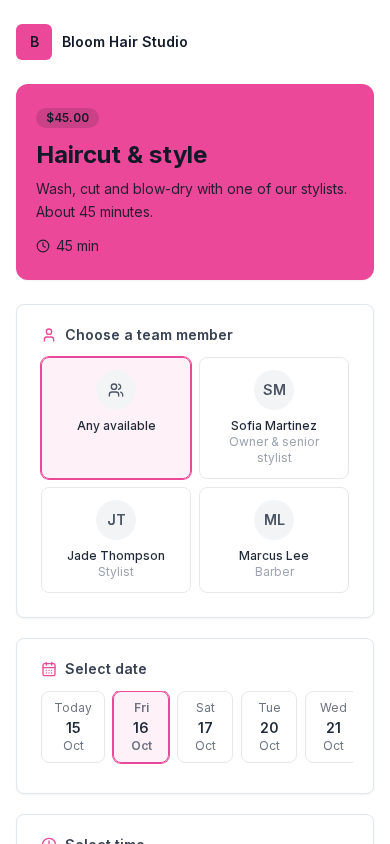 The same booking page on a phone