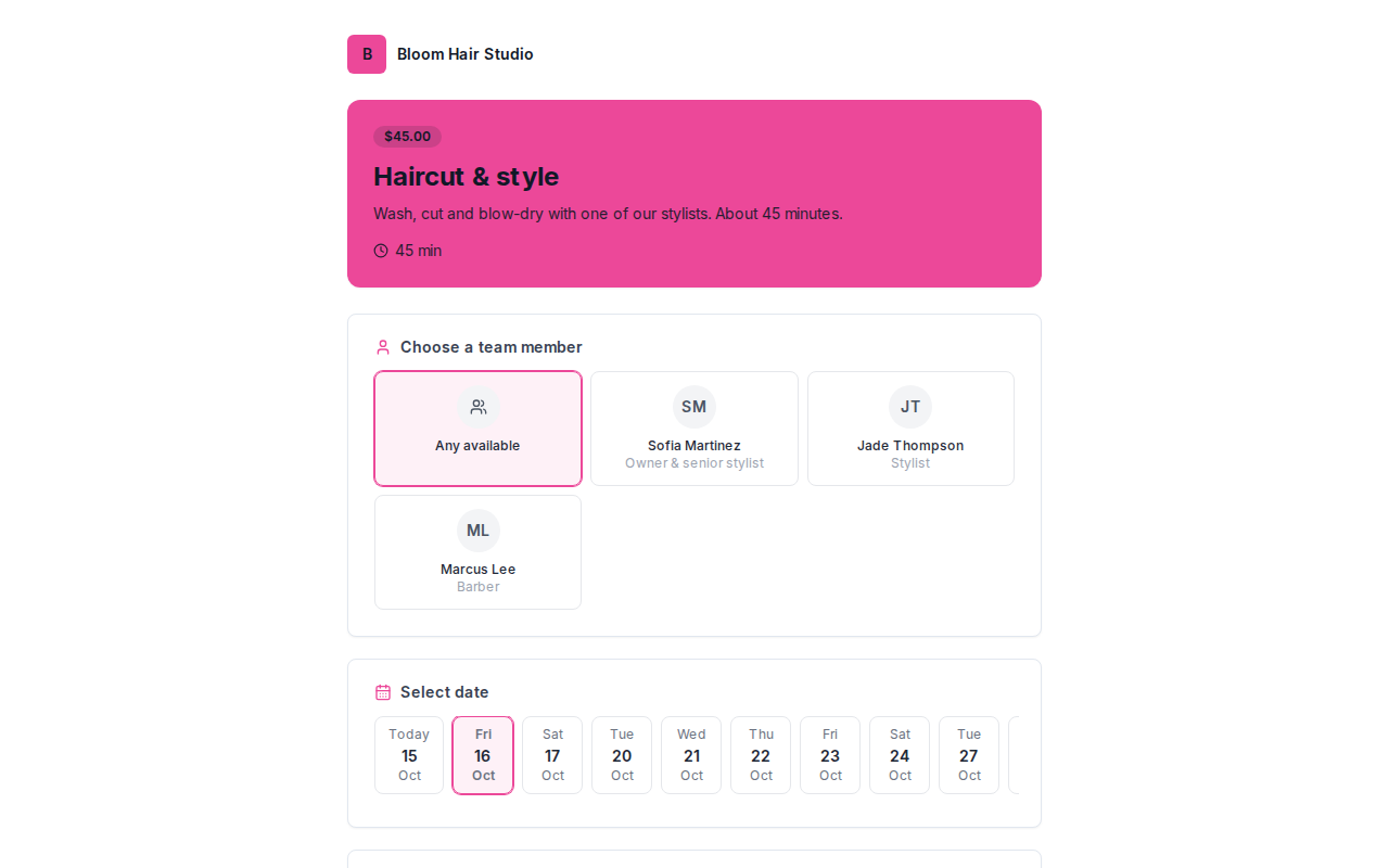 A public booking page where a customer picks a date and time