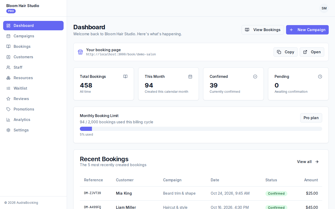 AudraBooking dashboard showing this month’s bookings, revenue and the upcoming schedule