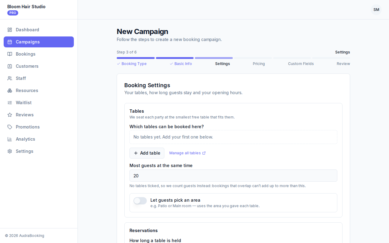 Booking page set-up: opening hours with a lunch break, duration and prices